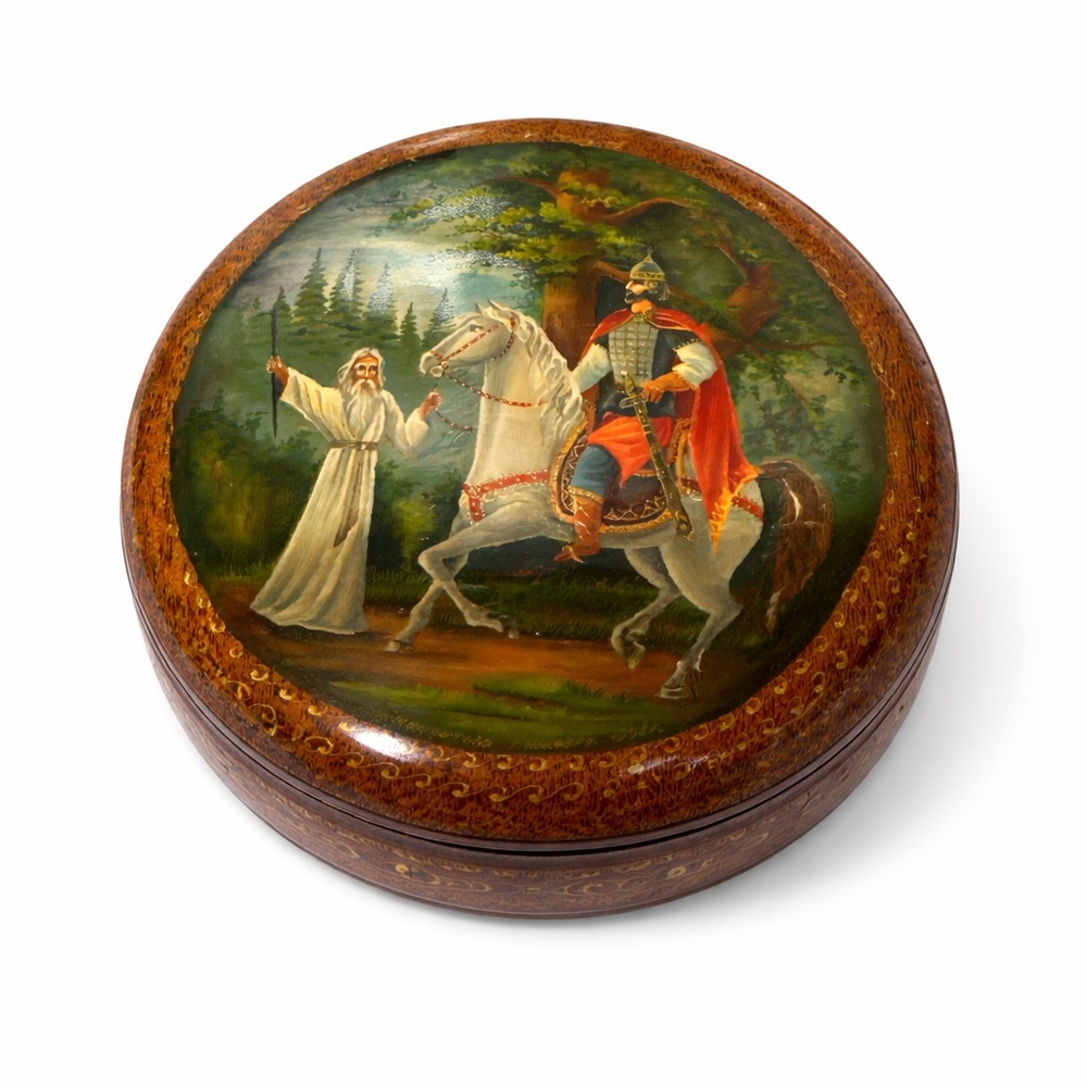 Hand Painted Lacquer Box Signed Miniature Art Folklore Knight Scene